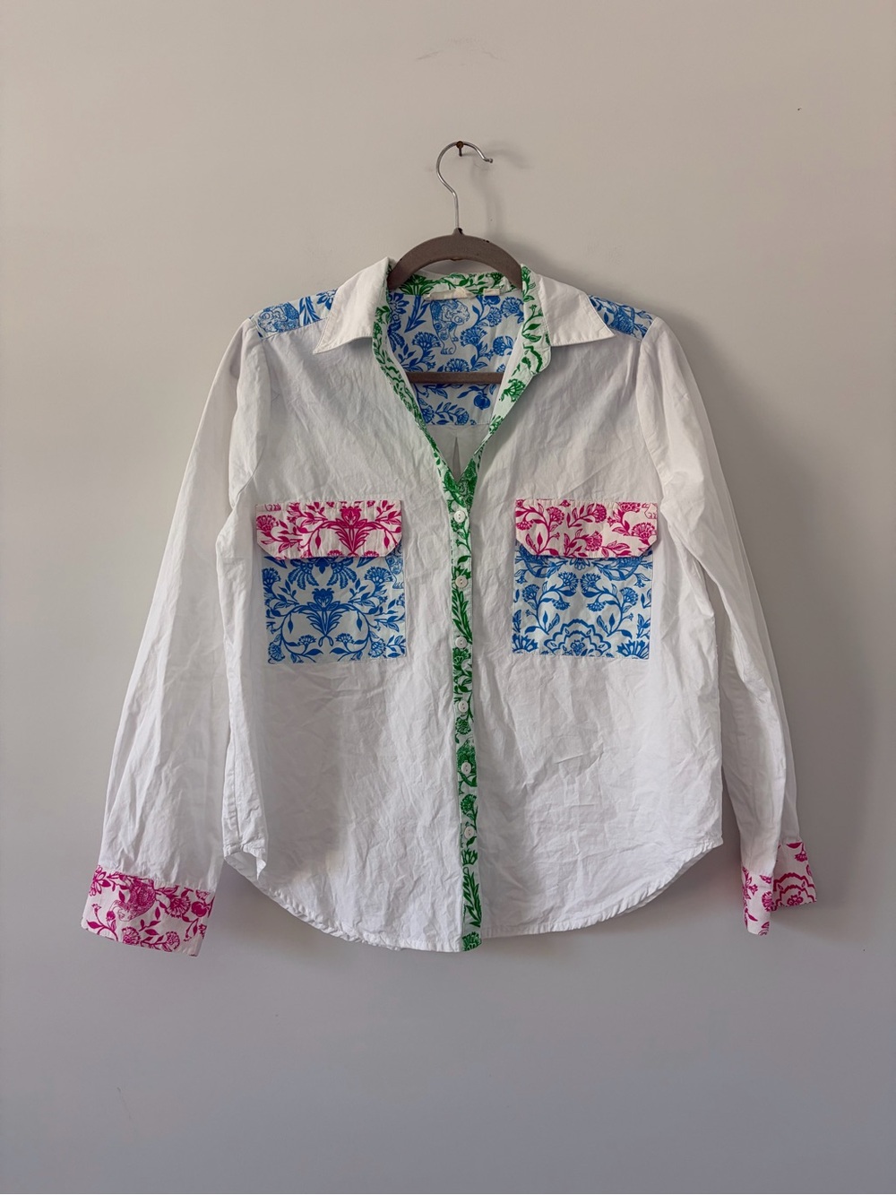 Roller Rabbit Aitona Guy Poplin Colorblock Floral Patchwork Cotton Blouse Small